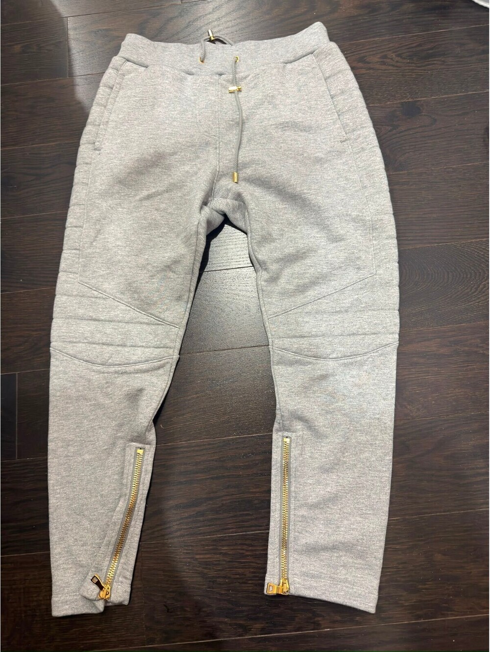 Balmain Grey Sweatpants with Gold Zipper and Drawstring Accs